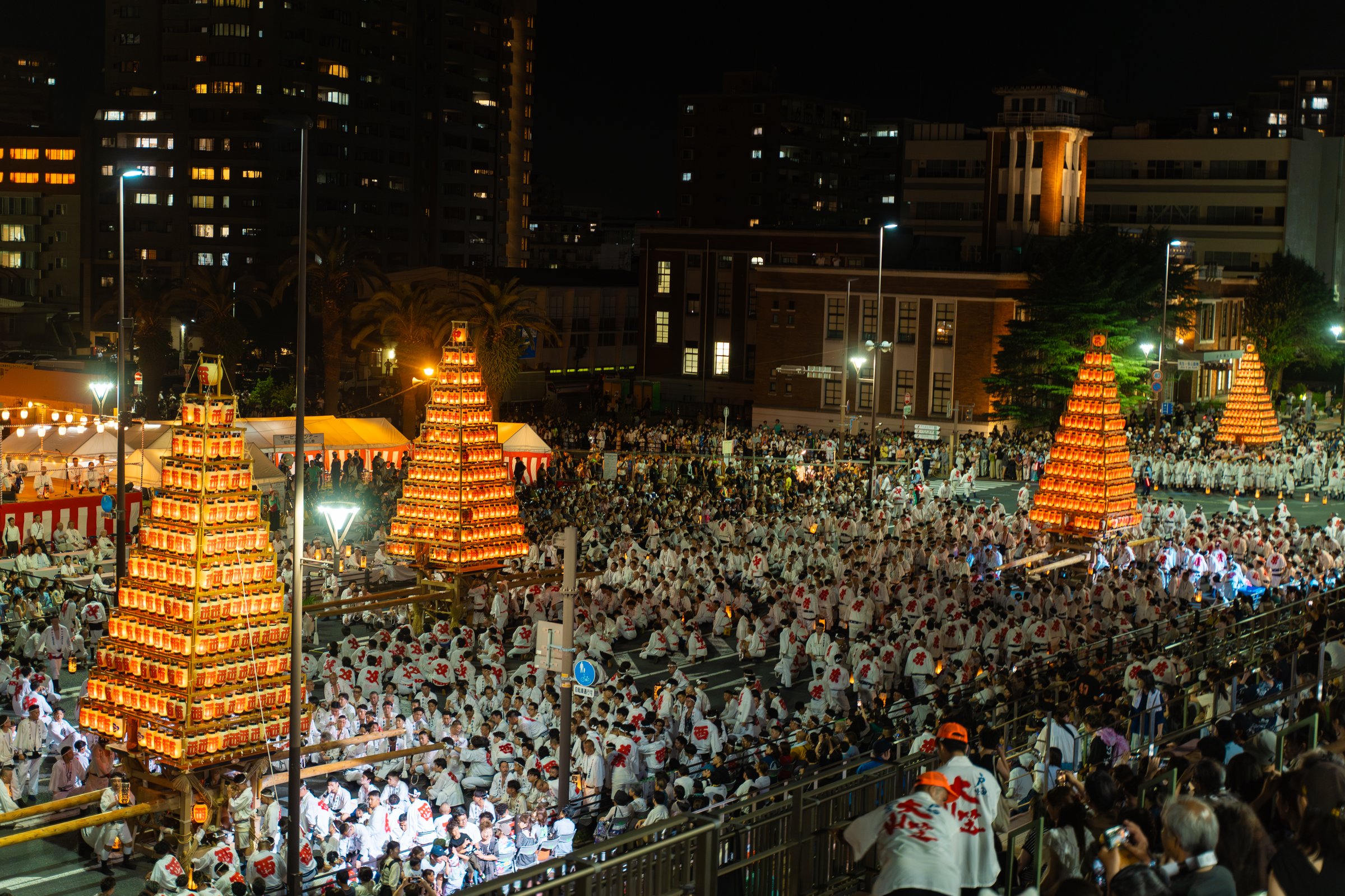 Tobata Gion Oyamagasa illuminated lantern float at night, Kitakyushu